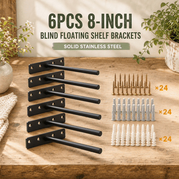 5 Inch - 6 Pack Solid Steel Blind Floating Shelf Brackets for Custom Wood Shelves