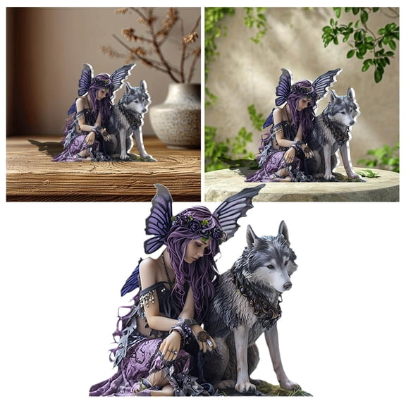 5 Inch Acrylic Purple Winged Girl & Wolf Desktop Ornament, Unique Fairy & Lone Wolf Statue Table Decor, Inspirational Small Decorative Art Piece for Home Office Shelf Holiday Party Decoration Gift