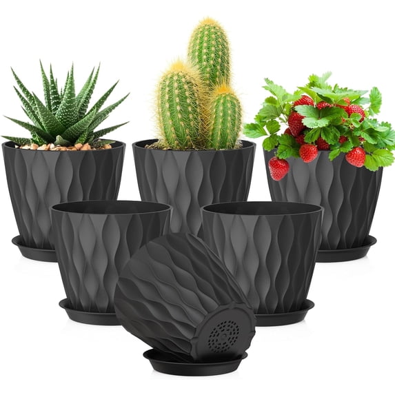5 Inch Black Plant Pots with Drainage Holes and Saucers, 6 Pack Thick ...