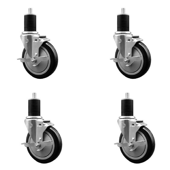 5 Inch Black Poly Swivel 1-3/4 Inch Expanding Stem Caster Set with Brake SCC