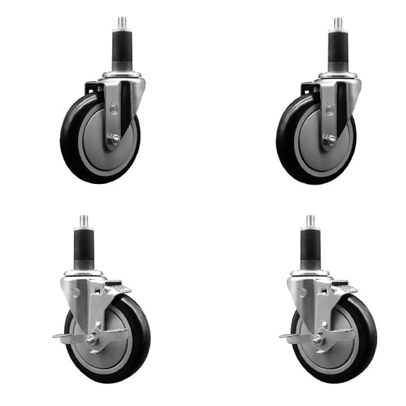 5 Inch Black Poly Wheel Swivel 1-1/4 Inch Expanding Stem Caster Set 2 Brakes SCC
