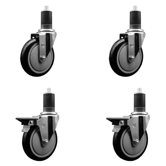 5 Inch Black Poly Wheel Swivel 1-5/8 Inch Expanding Stem Caster Set 2 Brakes SCC
