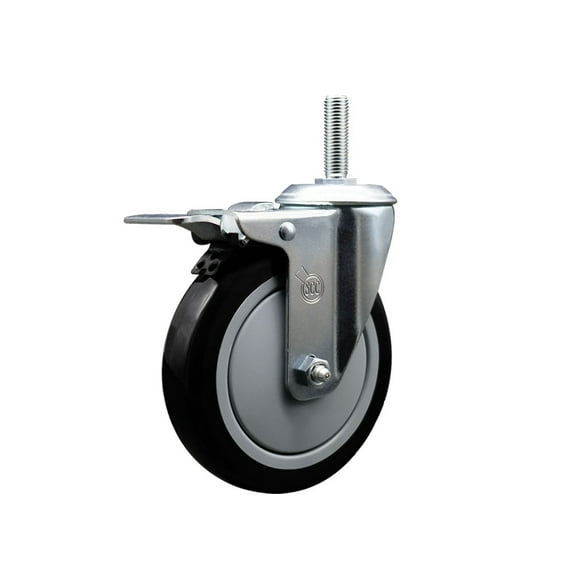 5 Inch Black Poly Wheel Swivel 3/4 Inch Threaded Stem Caster Total Lock Brake