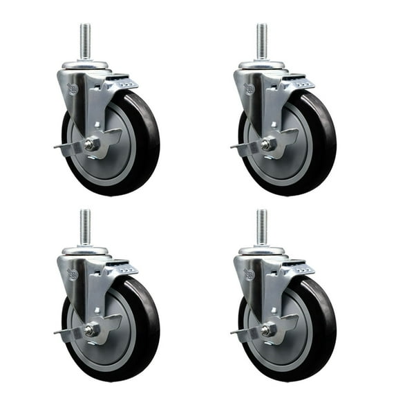 5 Inch Black Poly Wheel Swivel 5/8 Inch Threaded Stem Caster Set with Brake
