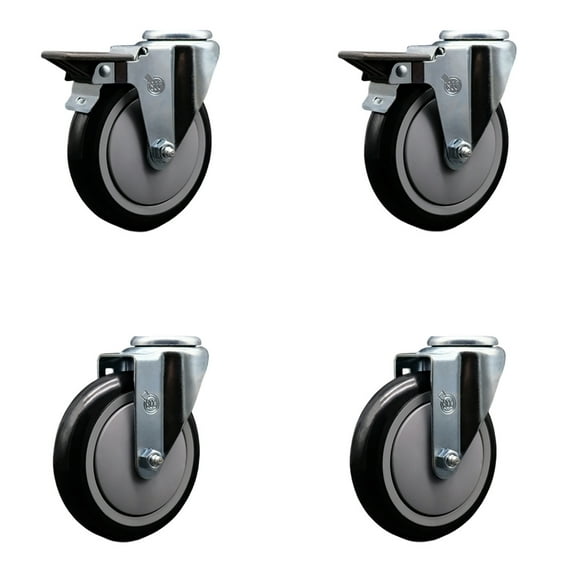 5 Inch Black Poly Wheel Swivel Bolt Hole Caster Set with 2 Posi Lock Brakes SCC