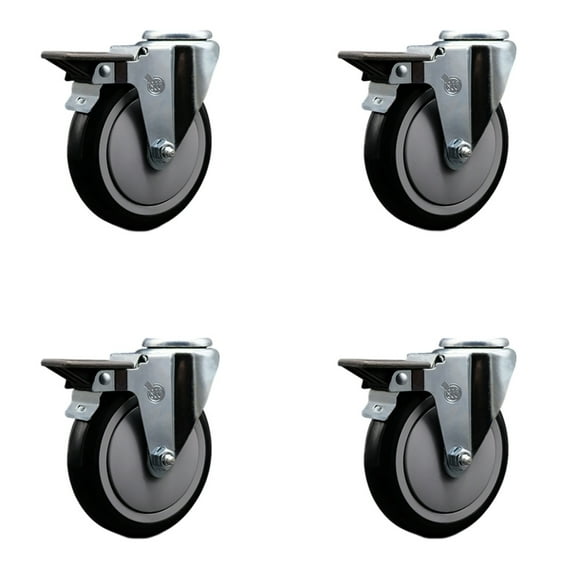 5 Inch Black Poly Wheel Swivel Bolt Hole Caster Set with Posi Lock Brakes SCC