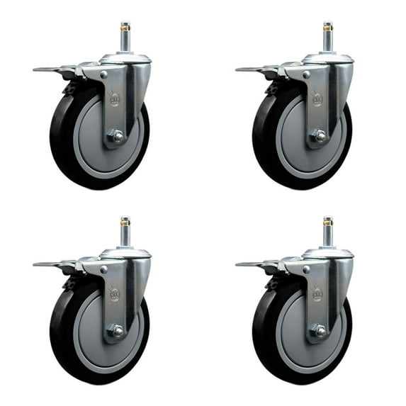 5 Inch Black Polyurethane Swivel 7/16 Inch Stem Caster Set with Total Lock Brake