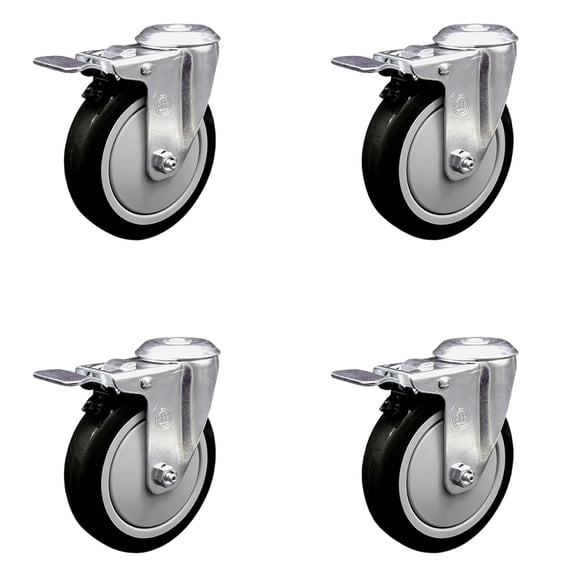 5 Inch Black Polyurethane Swivel Bolt Hole Caster Set with Total Lock Brake SCC