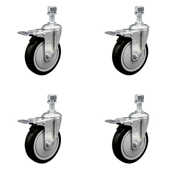 5 Inch Black Polyurethane Swivel ½ Inch Stem Caster Set with Total Lock Brake