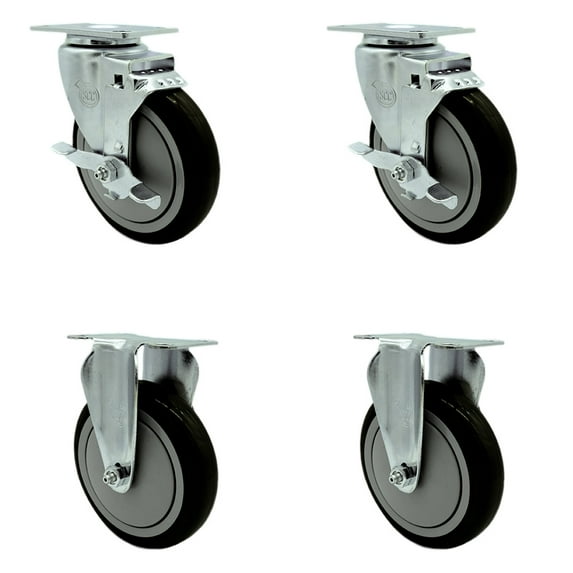 5 Inch Black Polyurethane Swivel Top Plate Caster Set with 2 Brakes 2 Rigid SCC
