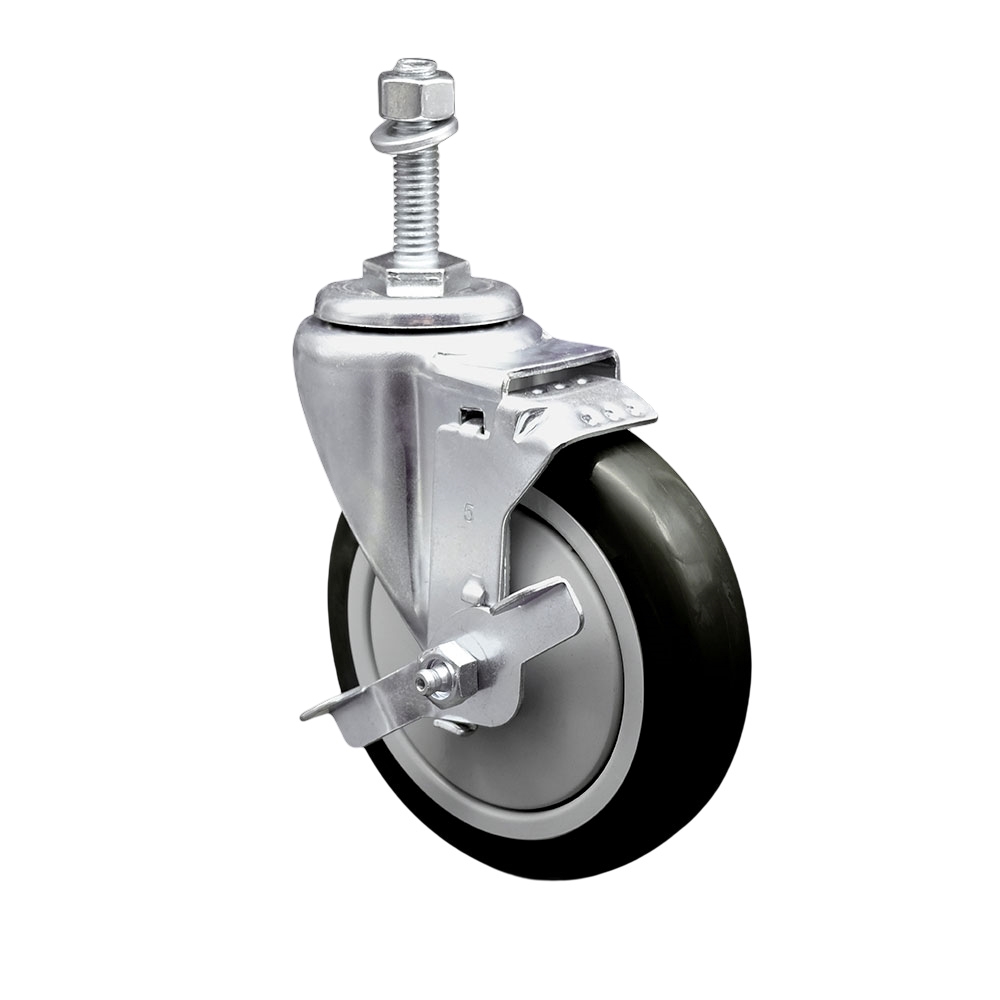 5 Inch Black Polyurethane Wheel Swivel 3/8 Inch Threaded Stem Caster with Brake