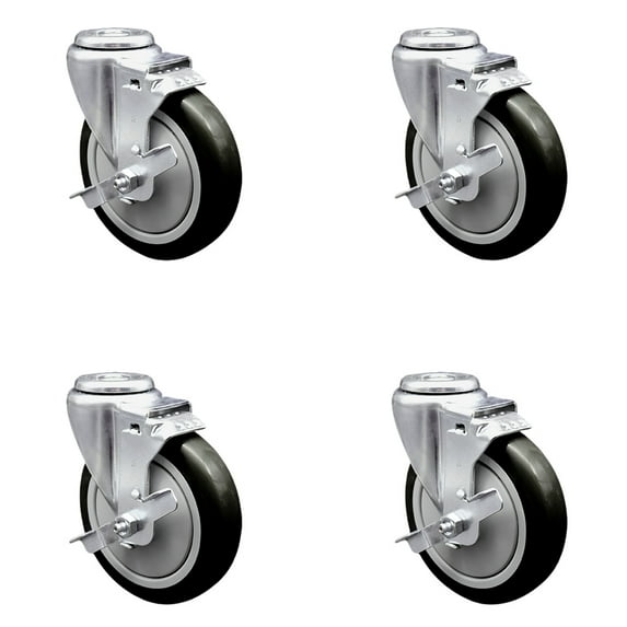 5 Inch Black Polyurethane Wheel Swivel Bolt Hole Caster Set with Brake SCC