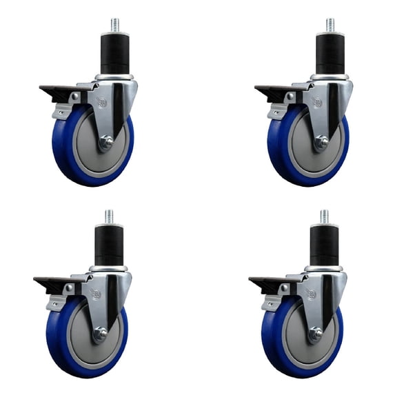 5 Inch Blue Poly Swivel 1-3/4 Inch Expanding Stem Caster Set with Brake SCC