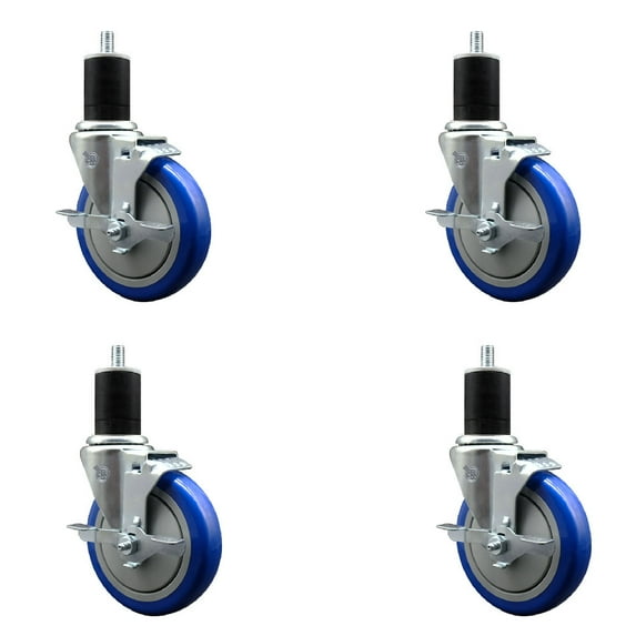 5 Inch Blue Poly Swivel 1-3/4 Inch Expanding Stem Caster Set with Brake SCC