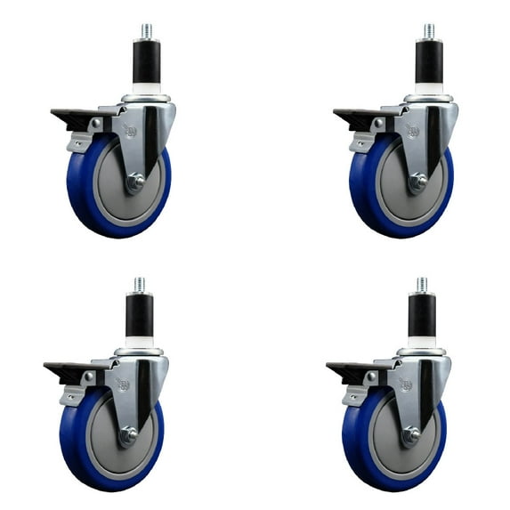 5 Inch Blue Poly Swivel 1-3/8 Inch Expanding Stem Caster Set with Brake SCC