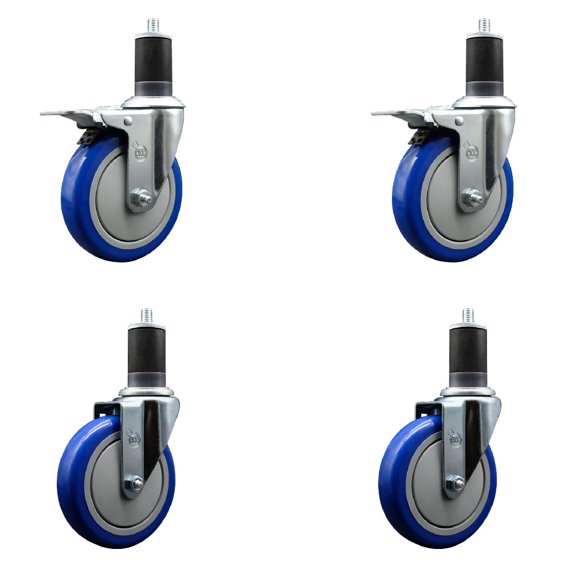 5 Inch Blue Poly Swivel 1-5/8 Inch Expanding Stem Caster Set 2 Total Lock Brakes