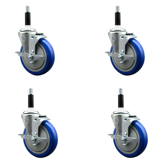 5 Inch Blue Poly Swivel 7/8 Inch Expanding Stem Caster Set with Brake SCC