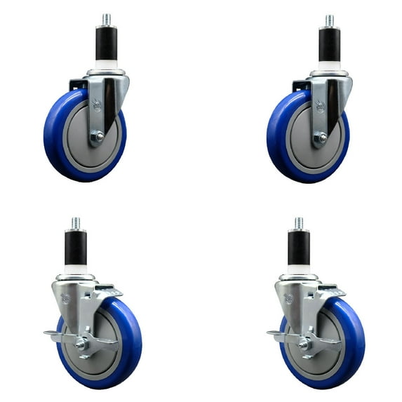 5 Inch Blue Poly Wheel Swivel 1-3/8 Inch Expanding Stem Caster Set 2 Brakes SCC