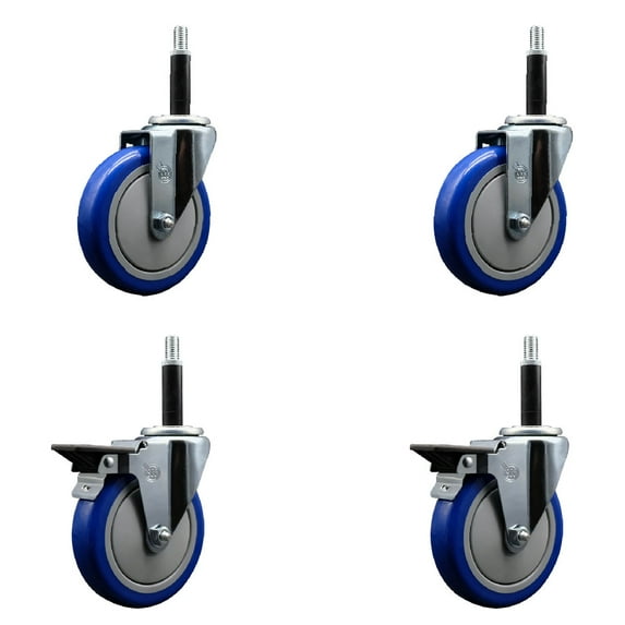5 Inch Blue Poly Wheel Swivel 3/4 Inch Expanding Stem Caster Set 2 Brakes SCC