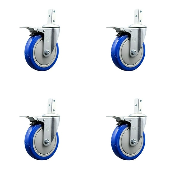 5 Inch Blue Poly Wheel Swivel 3/4 Inch Square Stem Caster Set Total Lock Brake