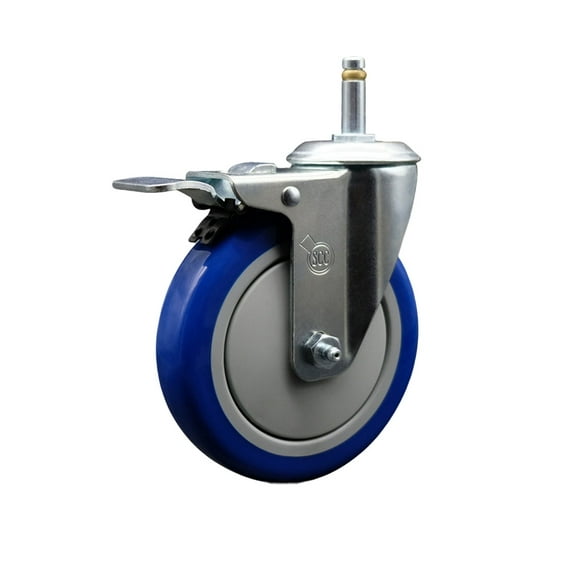 5 Inch Blue Poly Wheel Swivel 7/16 Inch Stem Caster with Total Lock Brake