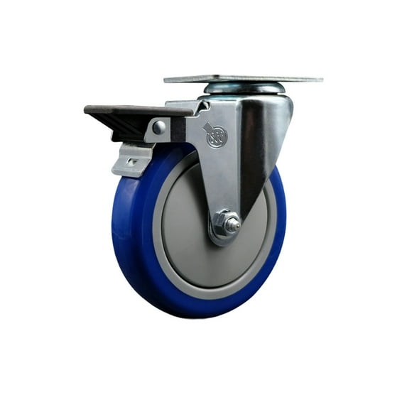 5 Inch Blue Poly Wheel Swivel Top Plate Caster Posi Brake Service Caster