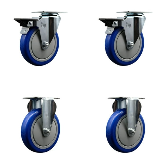 5 Inch Blue Poly Wheel Swivel Top Plate Caster Set with 2 Posi Brakes 2 Rigid