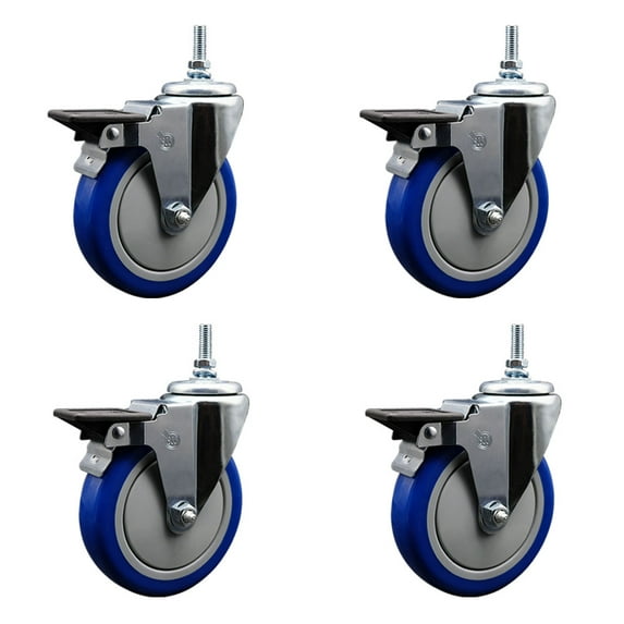 5 Inch Blue Polyurethane 3/8 Inch Threaded Stem Caster Set with Brake