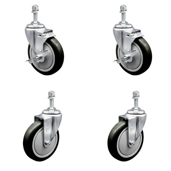 5 Inch Blue Polyurethane Wheel Swivel 10mm Threaded Stem Caster Set 2 Brake