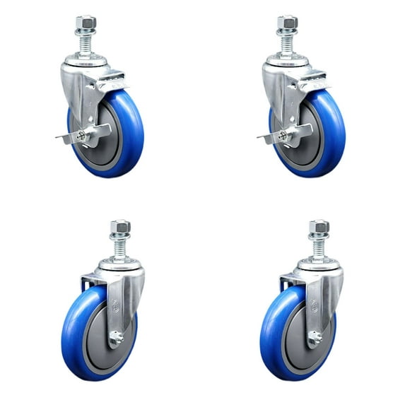 5 Inch Blue Polyurethane Wheel Swivel 12mm Threaded Stem Caster Set 2 Brake