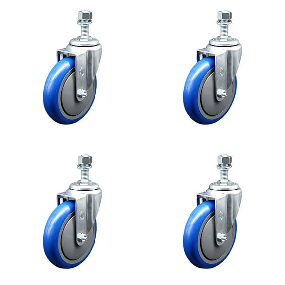 5 Inch Blue Polyurethane Wheel Swivel 12mm Threaded Stem Caster Set SCC