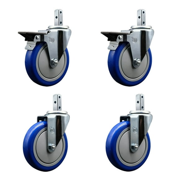 5 Inch Blue Polyurethane Wheel Swivel 7/8 Inch Square Stem Caster Set 2 Brakes