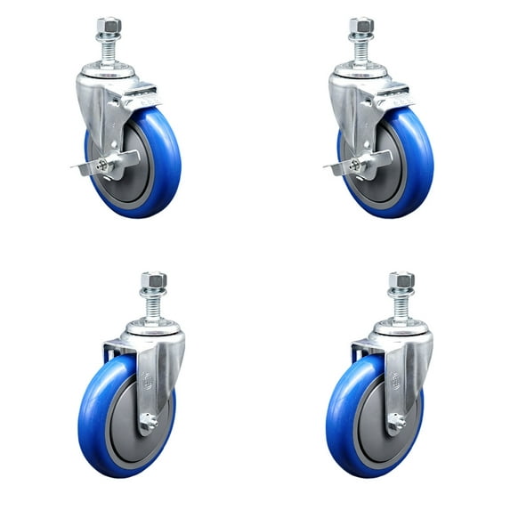 5 Inch Blue Polyurethane Wheel Swivel ½ Inch Threaded Stem Caster Set 2 Brakes