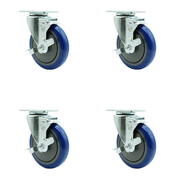 5 Inch Blue Polyurethane Wheel Swivel Top Plate Caster Set with Brake SCC