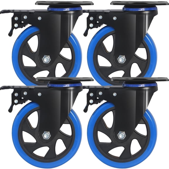 5 Inch Caster Wheels 2400lbs, Hands-Free A/B Brake Locking Casters, Heavy Duty Casters Set of 4, Silent Polyurethane Plate Castor Wheels for Cart, Furniture, Workbench(2 Hardware Kits Included)