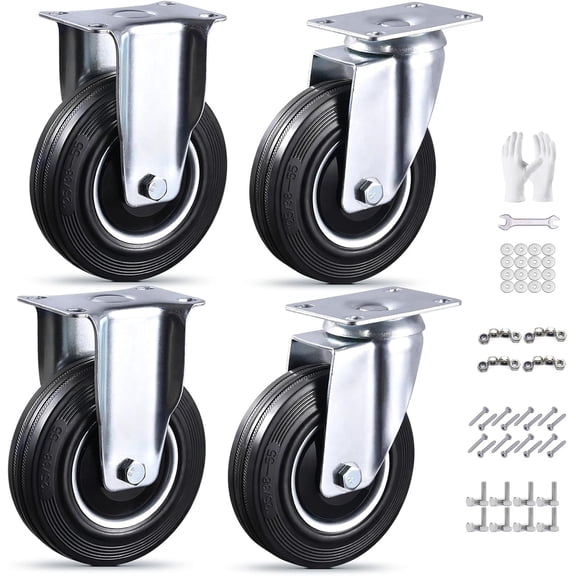 5 Inch Caster Wheels Set of 4, 2 Rigid and 2 Swivel Heavy Duty Rubber Casters with Dust-Proof Cover, Industrial Plate Castors for Workbench, Cart, 1120 lbs Total, 2 Sets of Mounting Hardware