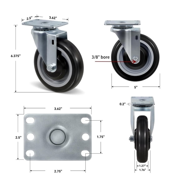 5 Inch Caster Wheels Set of 4, Heavy Duty Industrial Polyurethane Casters with 1400lbs Capacity for Furniture Equipment Dollies