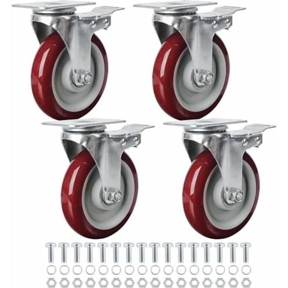 5 Inch Casters Wheels Set of 4 Heavy Duty Plate Swivel Locking Casters for Furniture/Workbench Industrial Wheels 3000 Lbs Anti-wear Smooth Casters Red (Free Screws)