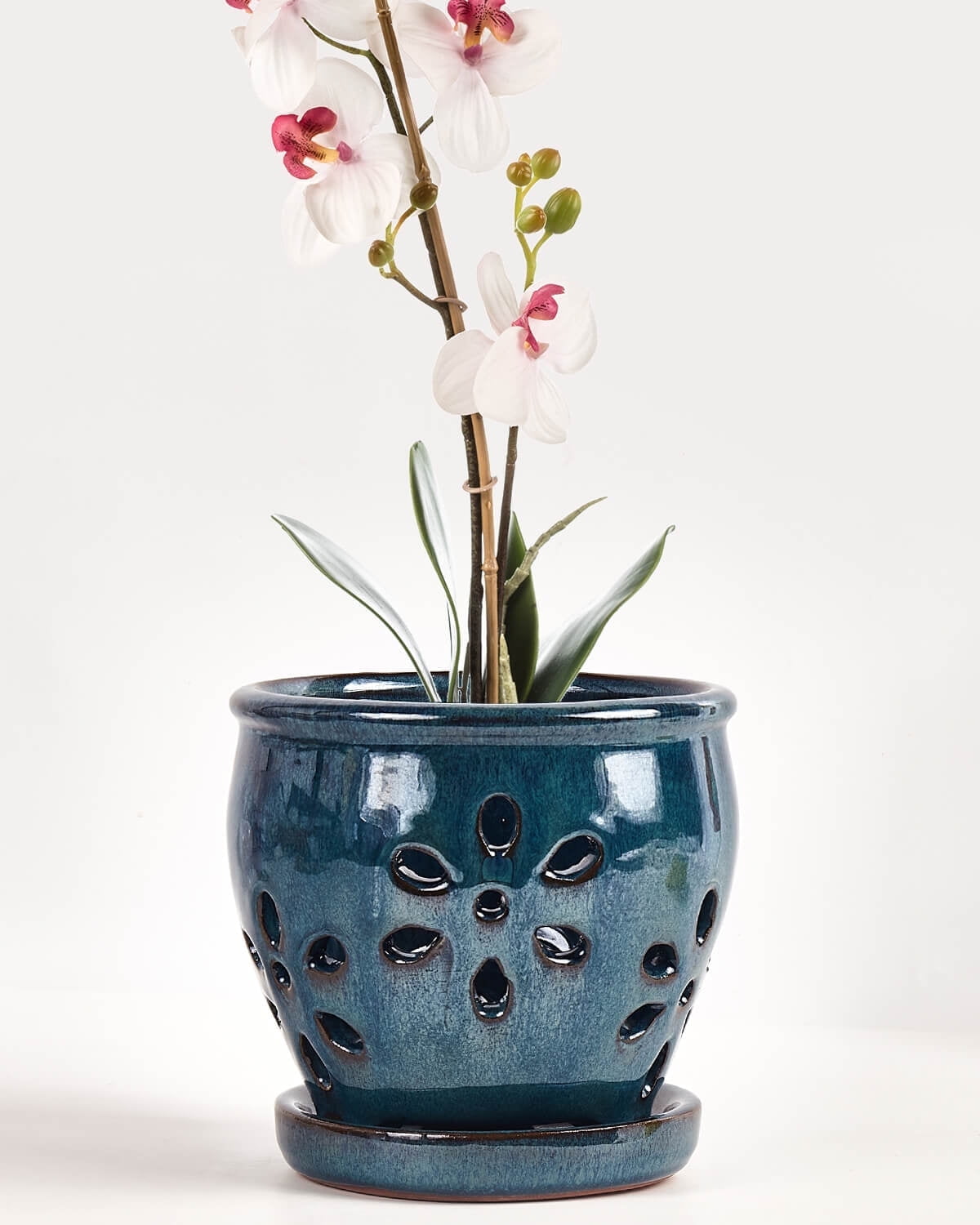 5 Inch Ceramic Orchid Pots with Holes and Saucers - 1 Pcs Small Ceramic Orchid Planter Pots for Repotting, Plant Garden Pots for Orchid Indoor and Outdoor Promotes Air Circulation, Blue