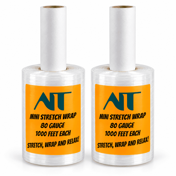 AIT 2-Pack Stretch Wrap 5 Inch with Handles, Clear Non-Adhesive Stretch Film, 1000 ft. Each, Shrink Wrap for Moving, Packing & Shipping
