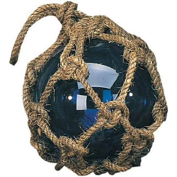 5 Inch Dia Blue Nautical Glass Japanese Fishing Float in Brown Net Hanging Decoration