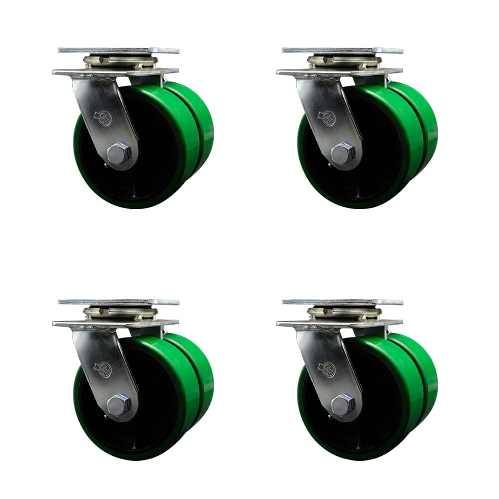 5 Inch Dual Green Poly on Cast Iron Wheels Swivel Caster Set with Ball Bearings