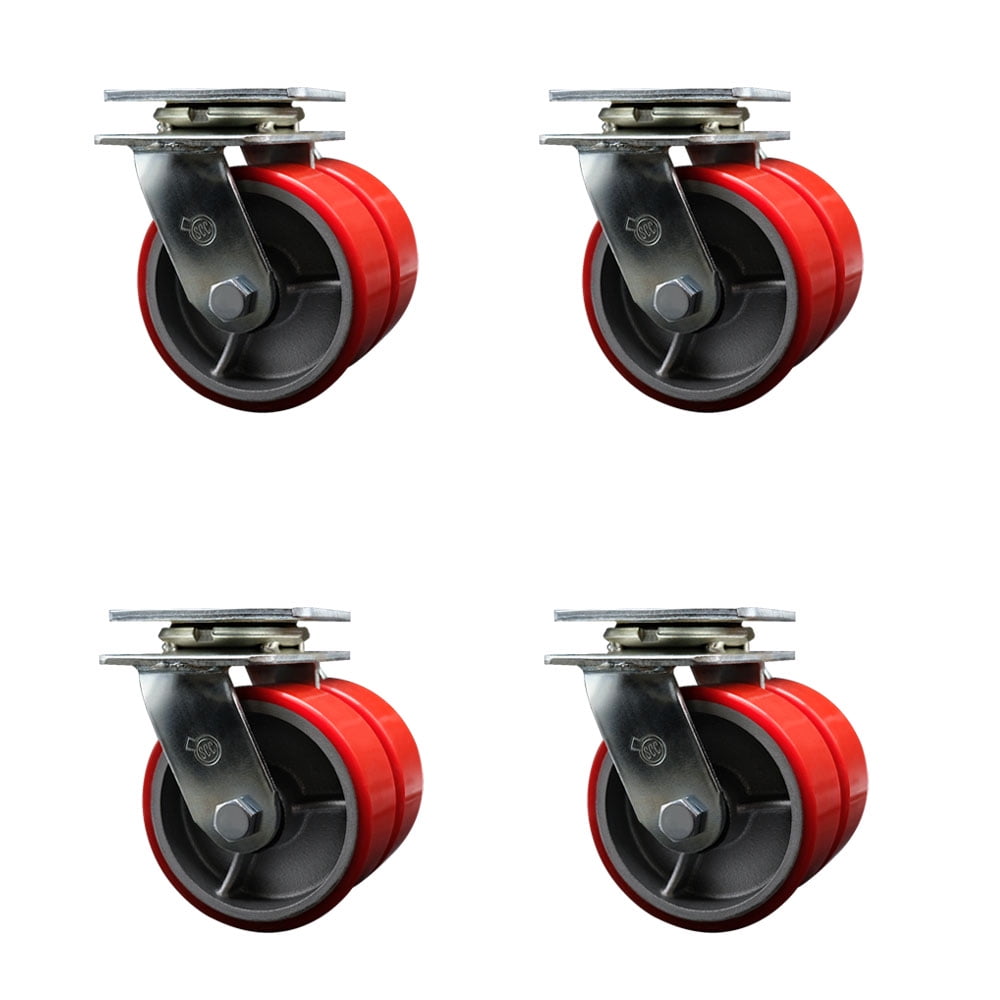 5 Inch Dual Red Poly on Cast Iron Wheels Swivel Caster Set with Roller Bearings