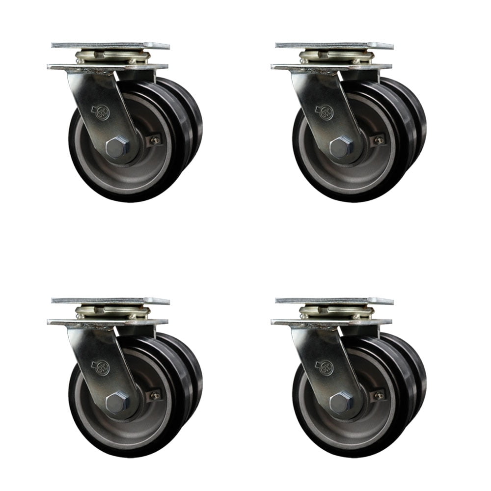 5 Inch Dual Rubber on Aluminum Wheels Swivel Caster Set with Roller Bearings SCC