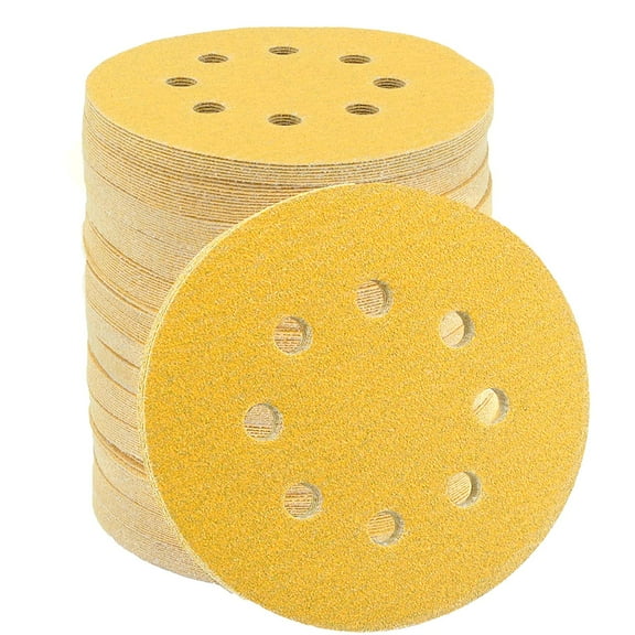5 Inch Gold Sanding Discs, 80 Grit Sandpaper 8 Hole Sanding Disc Hook and Loop Round Orbital Sander Sandpaper for Wood,100 Pack