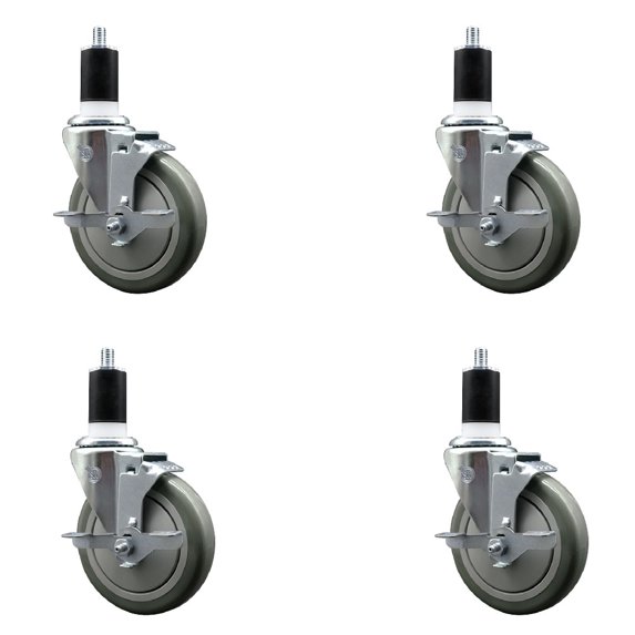 5 Inch Gray Poly Swivel 1-1/2 Inch Expanding Stem Caster Set with Brake SCC