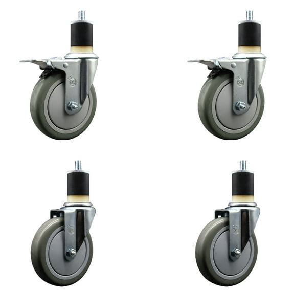 5 Inch Gray Poly Swivel 1-7/8 Inch Expanding Stem Caster Set 2 Total Lock Brakes