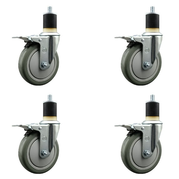 5 Inch Gray Poly Swivel 1-7/8 Inch Expanding Stem Caster Set Total Lock Brake