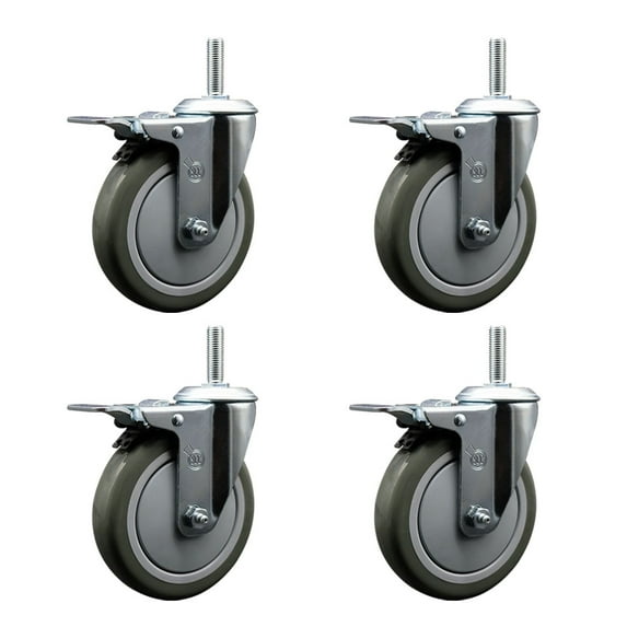 5 Inch Gray Poly Swivel 3/4 Inch Threaded Stem Caster Set with Total Lock Brake