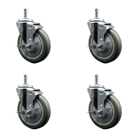 5 Inch Gray Poly Swivel 7/16 Inch Grip Ring Stem Caster Set with Brake